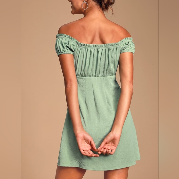 Sage Green Off the Shoulder Mini Summer Dress - Picture 3 of 8